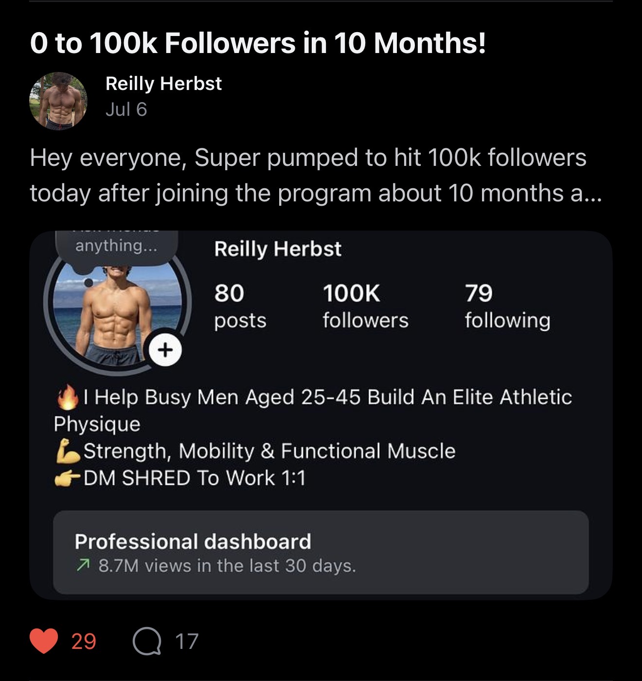 Client win: 0 to 100K followers in 10 months with 8.7M views