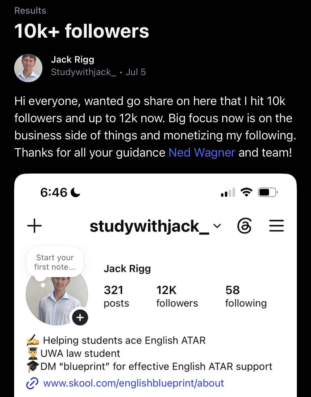 Client win: 10K+ followers, now up to 12K