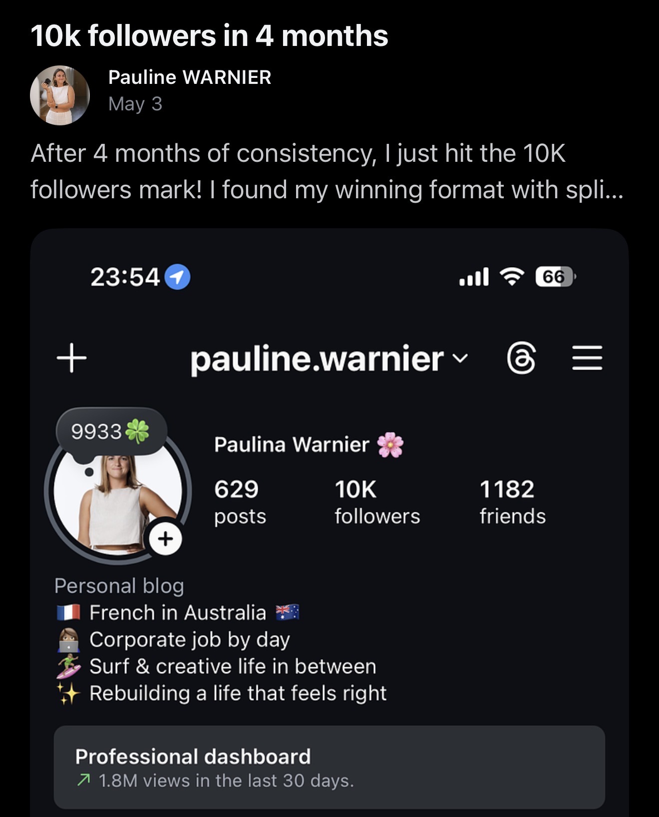 Client win: 10K followers in 4 months with 1.8M views