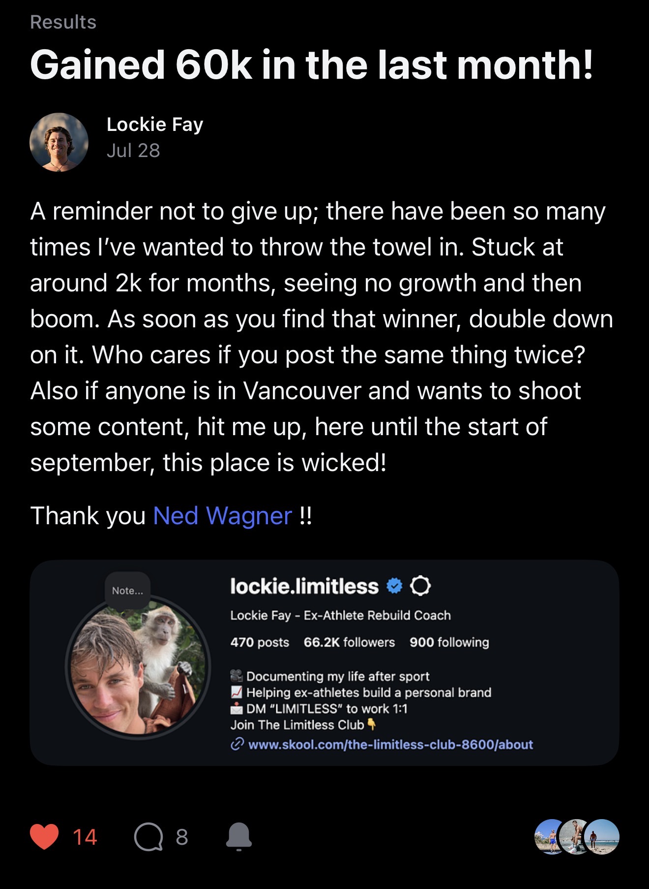 Client win: gained 60K followers in the last month