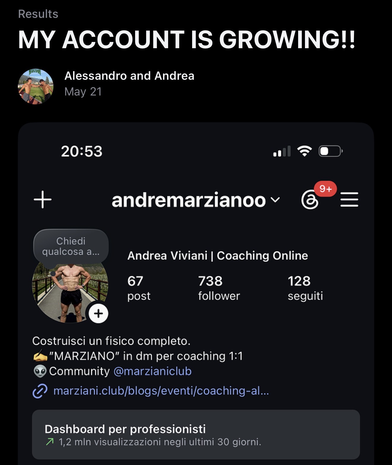 Client win: account growing with 1.2M views in 30 days